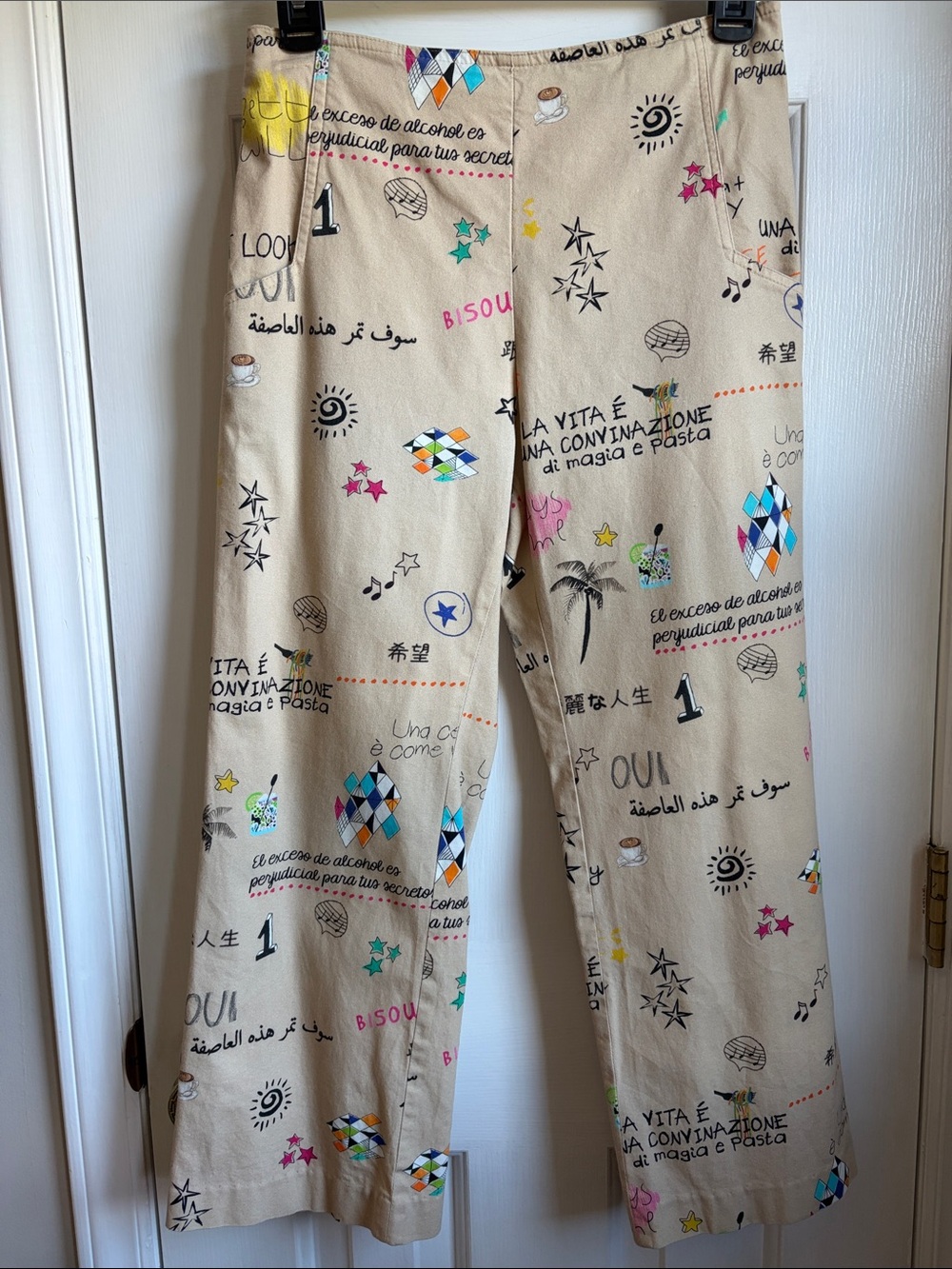 Vilagallo Beige Printed Doodle Pants with Multicolor Graphics Positive Words